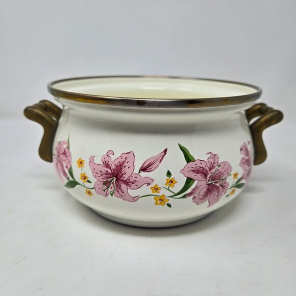Normandy Taiwan Vintage Lily Floral Enamelware Soup Tureen Pot With Lid & Brass - Picture 6 of 10